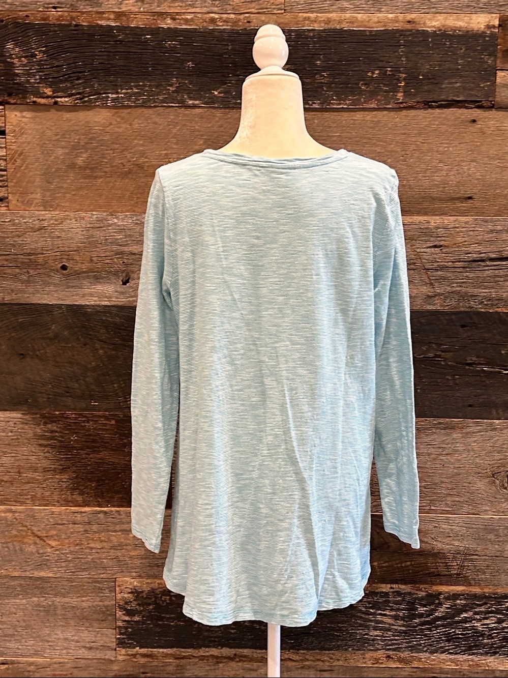 Soft Surroundings Turquoise Pinstripe Ruffle Hem Tunic Top. Large - Picture 2 of 6